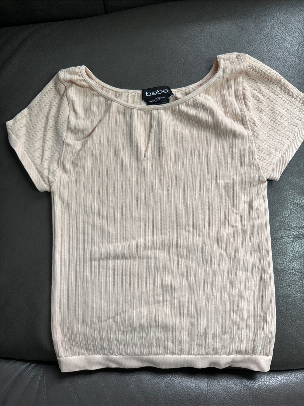 bebe Light Cream Ribbed Short Sleeve Top